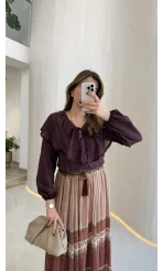 Bebe Yaka Dantel Detaylı Bluz - Mürdüm - Kod: 1571