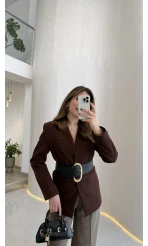 Geniş Kemerli Blazer Ceket - Kahverengi - Kod: 0337