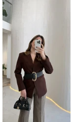 Geniş Kemerli Blazer Ceket - Kahverengi - Kod: 0337