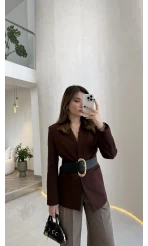 Geniş Kemerli Blazer Ceket - Kahverengi - Kod: 0337