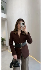 Geniş Kemerli Blazer Ceket - Kahverengi - Kod: 0337