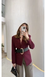 Geniş Kemerli Blazer Ceket - Bordo - Kod: 0337