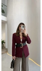 Geniş Kemerli Blazer Ceket - Bordo - Kod: 0337