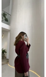 Geniş Kemerli Blazer Ceket - Bordo - Kod: 0337