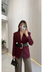 Geniş Kemerli Blazer Ceket - Bordo - Kod: 0337