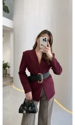 Geniş Kemerli Blazer Ceket - Bordo - Kod: 0337