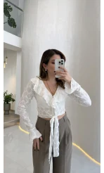 İspanyol Kol Dokulu Bağlamalı Bluz - Ekru - Kod: 01631