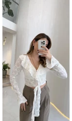 İspanyol Kol Dokulu Bağlamalı Bluz - Ekru - Kod: 01631