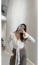 İspanyol Kol Dokulu Bağlamalı Bluz - Ekru - Kod: 01631