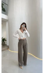 Ineffable Geniş Paça Palazzo Pantolon - Haki - Kod: 3867