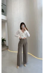 Ineffable Geniş Paça Palazzo Pantolon - Haki - Kod: 3867