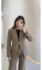 Lissome Gold Düğmeli Vatkalı Ceket-Pantolon Takım - Haki - Kod: 9031