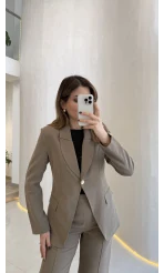 Lissome Gold Düğmeli Vatkalı Ceket-Pantolon Takım - Haki - Kod: 9031