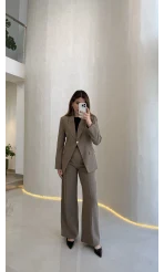 Lissome Gold Düğmeli Vatkalı Ceket-Pantolon Takım - Haki - Kod: 9031