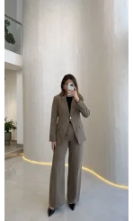 Lissome Gold Düğmeli Vatkalı Ceket-Pantolon Takım - Haki - Kod: 9031