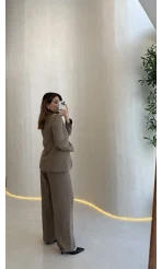 Lissome Gold Düğmeli Vatkalı Ceket-Pantolon Takım - Haki - Kod: 9031