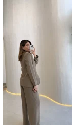Lissome Gold Düğmeli Vatkalı Ceket-Pantolon Takım - Haki - Kod: 9031