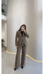 Lissome Gold Düğmeli Vatkalı Ceket-Pantolon Takım - Haki - Kod: 9031