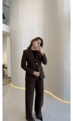 Lissome Gold Düğmeli Vatkalı Ceket-Pantolon Takım - Kahve - Kod: 9031