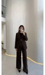 Lissome Gold Düğmeli Vatkalı Ceket-Pantolon Takım - Kahve - Kod: 9031