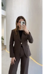 Lissome Gold Düğmeli Vatkalı Ceket-Pantolon Takım - Kahve - Kod: 9031
