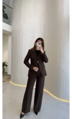 Lissome Gold Düğmeli Vatkalı Ceket-Pantolon Takım - Kahve - Kod: 9031