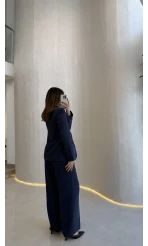 Lissome Gold Düğmeli Vatkalı Ceket-Pantolon Takım - Lacivert - Kod: 9031