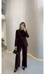 Lissome Gold Düğmeli Vatkalı Ceket-Pantolon Takım - Mürdüm - Kod: 9031