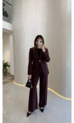 Lissome Gold Düğmeli Vatkalı Ceket-Pantolon Takım - Mürdüm - Kod: 9031