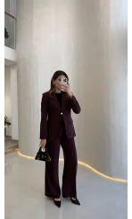 Lissome Gold Düğmeli Vatkalı Ceket-Pantolon Takım - Mürdüm - Kod: 9031