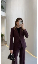 Lissome Gold Düğmeli Vatkalı Ceket-Pantolon Takım - Mürdüm - Kod: 9031