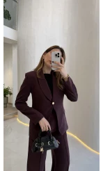 Lissome Gold Düğmeli Vatkalı Ceket-Pantolon Takım - Mürdüm - Kod: 9031