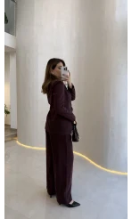 Lissome Gold Düğmeli Vatkalı Ceket-Pantolon Takım - Mürdüm - Kod: 9031