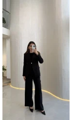 Lissome Gold Düğmeli Vatkalı Ceket-Pantolon Takım - Siyah - Kod: 9031