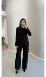 Lissome Gold Düğmeli Vatkalı Ceket-Pantolon Takım - Siyah - Kod: 9031