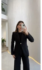 Lissome Gold Düğmeli Vatkalı Ceket-Pantolon Takım - Siyah - Kod: 9031