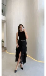 Gossamer Kemerli Yırtmaçlı Şifon Etek - Siyah - Kod: 1557