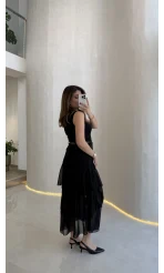 Gossamer Kemerli Yırtmaçlı Şifon Etek - Siyah - Kod: 1557