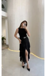 Gossamer Kemerli Yırtmaçlı Şifon Etek - Siyah - Kod: 1557