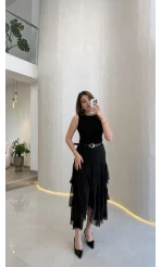 Gossamer Kemerli Yırtmaçlı Şifon Etek - Siyah - Kod: 1557