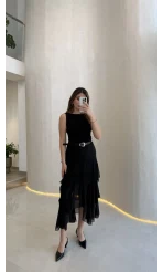 Gossamer Kemerli Yırtmaçlı Şifon Etek - Siyah - Kod: 1557