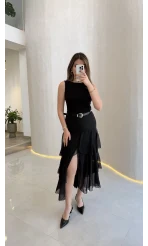 Gossamer Kemerli Yırtmaçlı Şifon Etek - Siyah - Kod: 1557