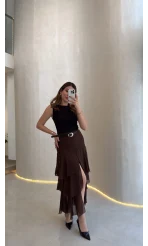 Gossamer Kemerli Yırtmaçlı Şifon Etek - Kahve - Kod: 1557