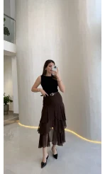 Gossamer Kemerli Yırtmaçlı Şifon Etek - Kahve - Kod: 1557