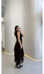 Gossamer Kemerli Yırtmaçlı Şifon Etek - Kahve - Kod: 1557