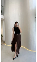 Gossamer Kemerli Yırtmaçlı Şifon Etek - Kahve - Kod: 1557