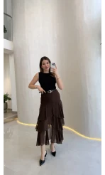 Gossamer Kemerli Yırtmaçlı Şifon Etek - Kahve - Kod: 1557