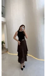 Gossamer Kemerli Yırtmaçlı Şifon Etek - Kahve - Kod: 1557