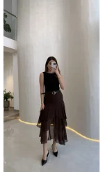 Gossamer Kemerli Yırtmaçlı Şifon Etek - Kahve - Kod: 1557