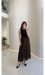 Finesse Astralı Dantel Detay Şifon Etek - Kahverengi - Kod: 3371